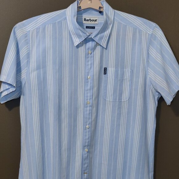 Barbour Blue/White Stripe Tailored Fit Short Sleeve Button Down Shirt MEN US L - Picture 2 of 7